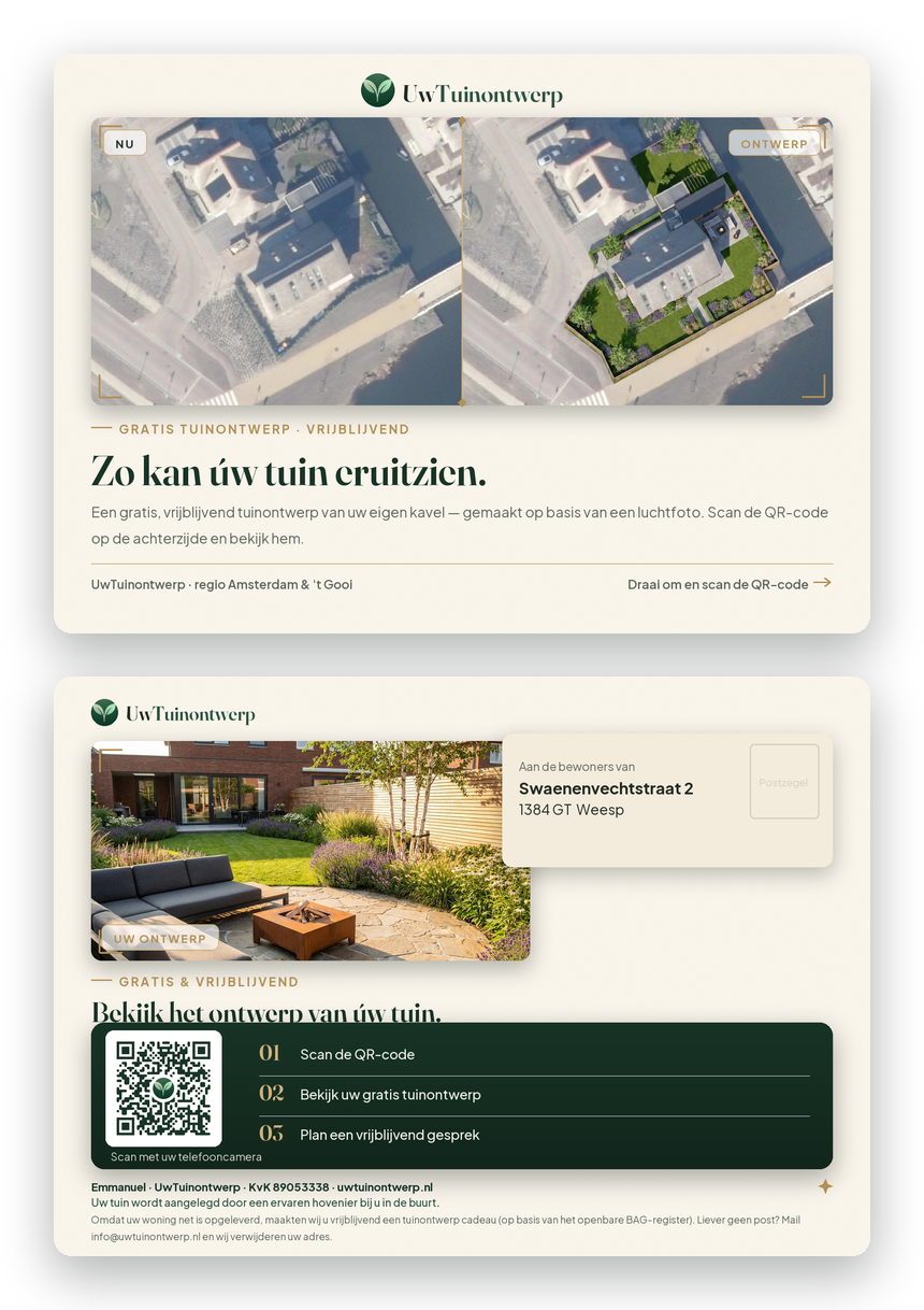 Voorbeeld van de kaart: voorkant met een voor/na van de tuin, achterkant met QR-code en uitleg