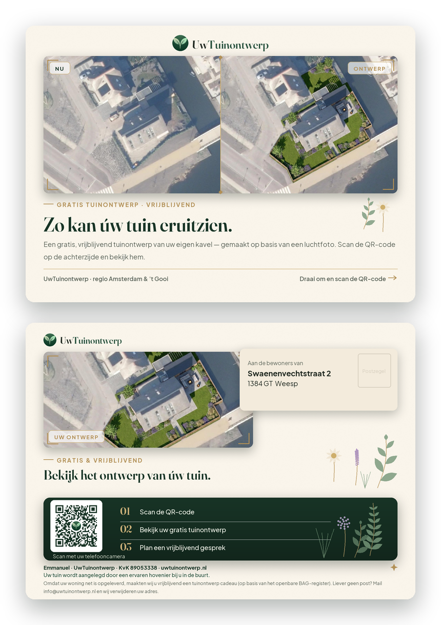 Voorbeeld van de kaart: voorkant met een voor/na van de tuin, achterkant met QR-code en uitleg