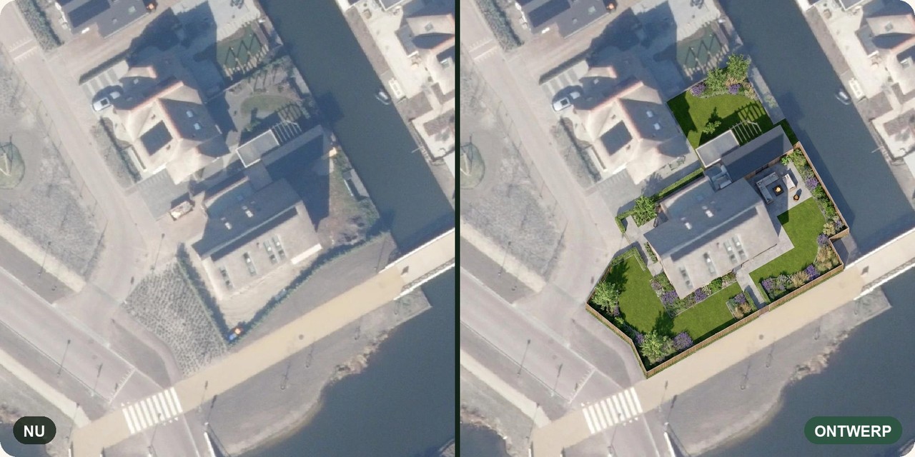 Voorbeeld: een kale nieuwbouwtuin links, hetzelfde kavel als afgerond tuinontwerp rechts